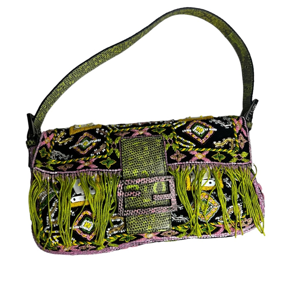 Fendi Embellished Fringe Beaded Baguette